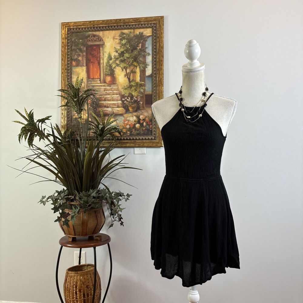 Forever 21 Women Mini Dress Small Spaghetti Halter Strap Black Elastic Waist